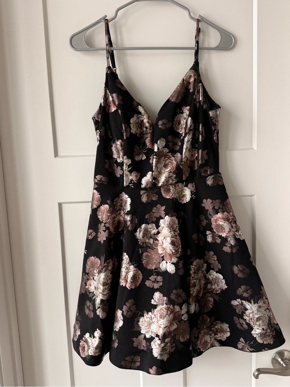 B Darlin Black Floral A-Line Prom Dress with Rose Gold and Cream Accents